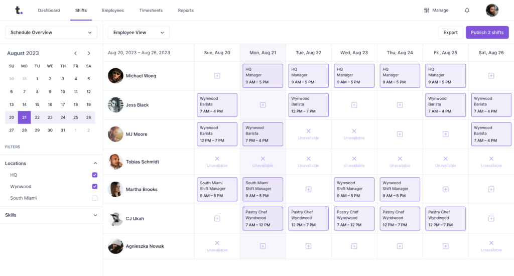 Screenshots of a schedule page on Timewave, employee scheduling platform